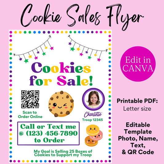 Cookie Sales Flyer with QR Code - Editable Girl Cookie Sales Template for Troop Fundraiser