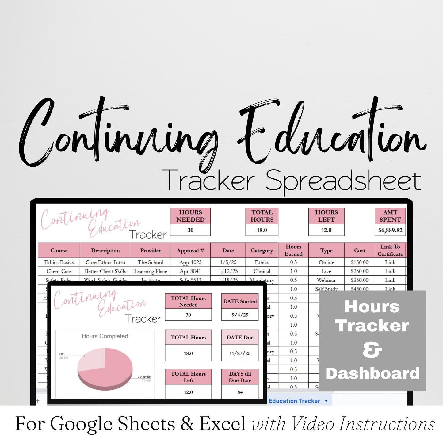 Continuing Education Tracker Template Excel Spreadsheet and Google Sheets