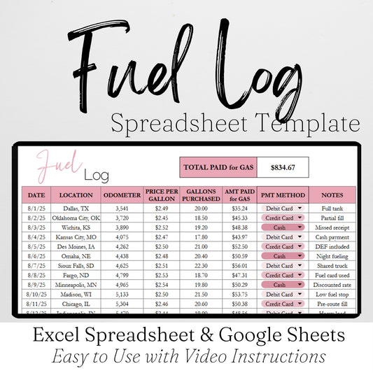 Fuel Log Template Google Sheets and Excel Spreadsheet - Gas Tracker