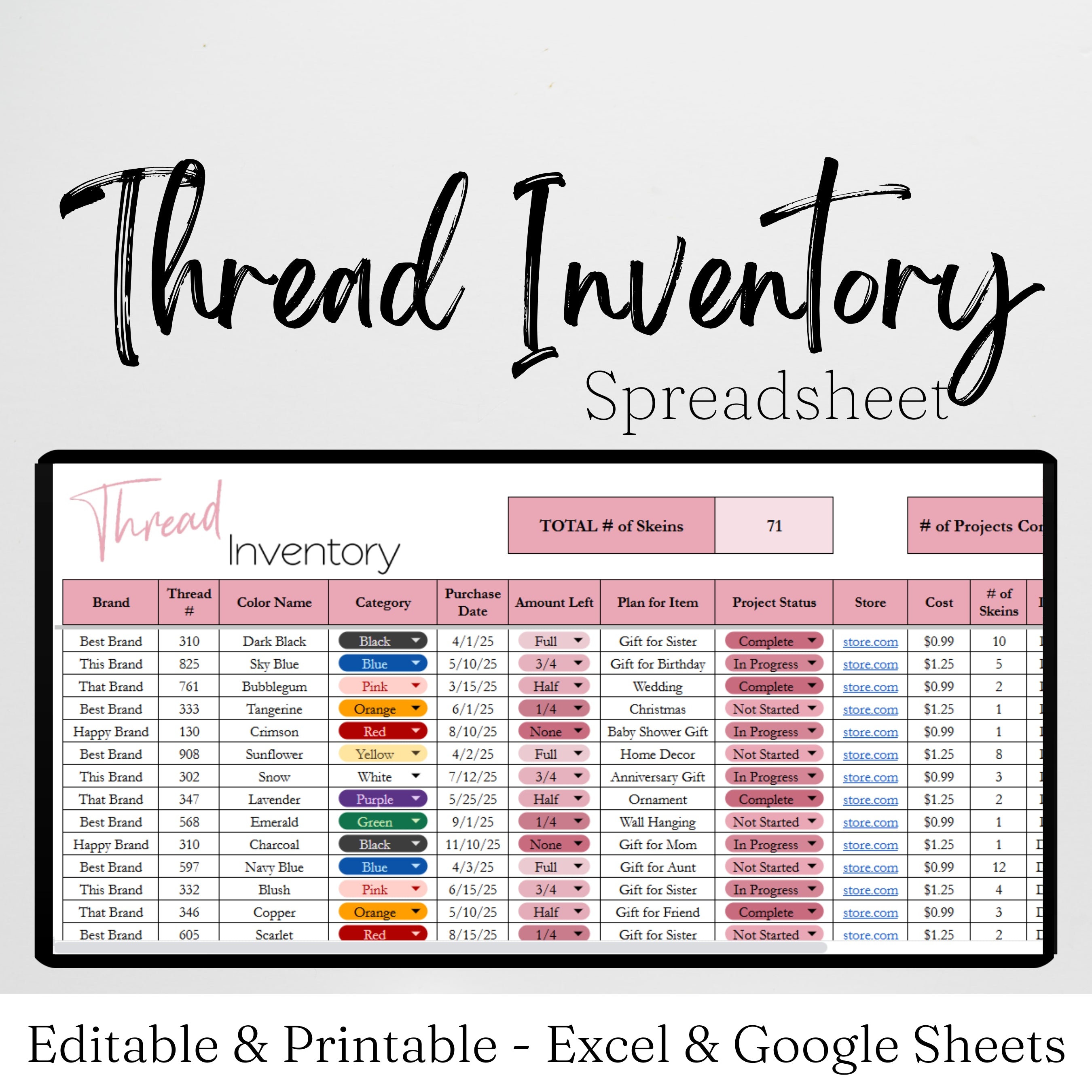 Thread Inventory Tracker Excel Spreadsheet and Google Sheets for Cross ...