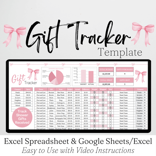 Gift Tracker for Baby Shower Gift Log, Bridal Shower Gift List Template Excel Spreadsheet and Google Sheets