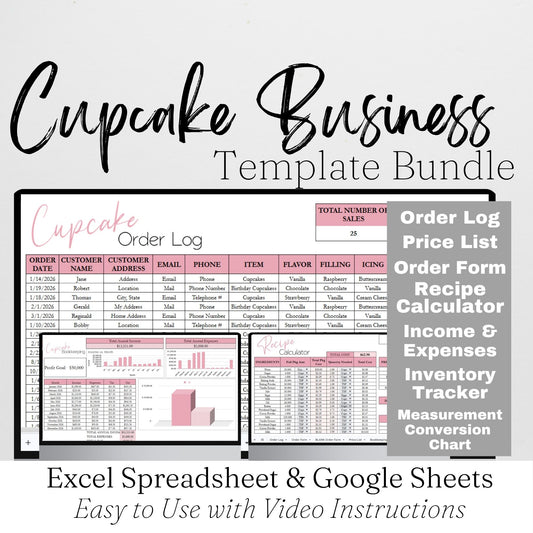 Cupcake Business Spreadsheet Template: Order Tracking, Pricing & Cost Calculator, Inventory Tracker for Google Sheets & Excel for Home Bakers