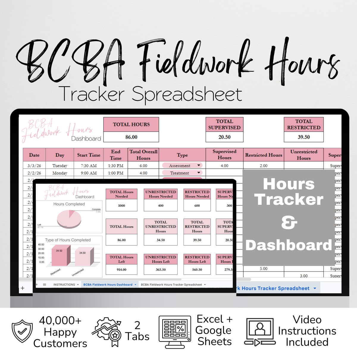 BCBA Fieldwork Hours Tracker Spreadsheet | BACB Supervised Fieldwork Log | BCaBA & RBT Hours Tracker | Google Sheets & Excel Spreadsheet Template