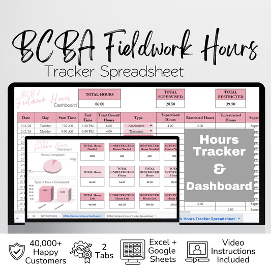 BCBA Fieldwork Hours Tracker Spreadsheet | BACB Supervised Fieldwork Log | BCaBA & RBT Hours Tracker | Google Sheets & Excel Spreadsheet Template