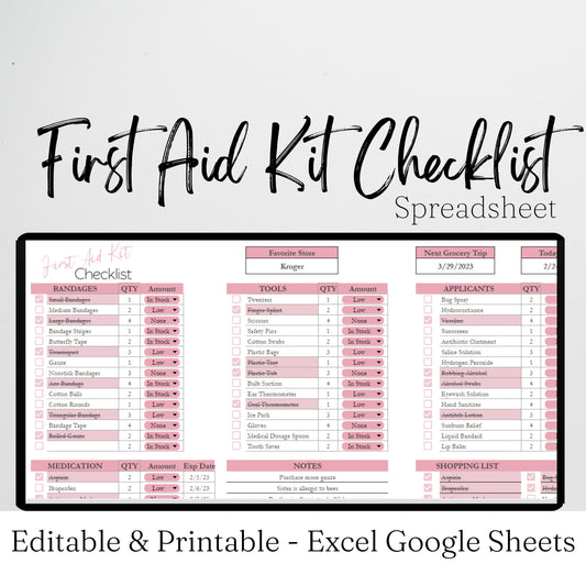 First Aid Kit Checklist Google Sheet and Excel Spreadsheet