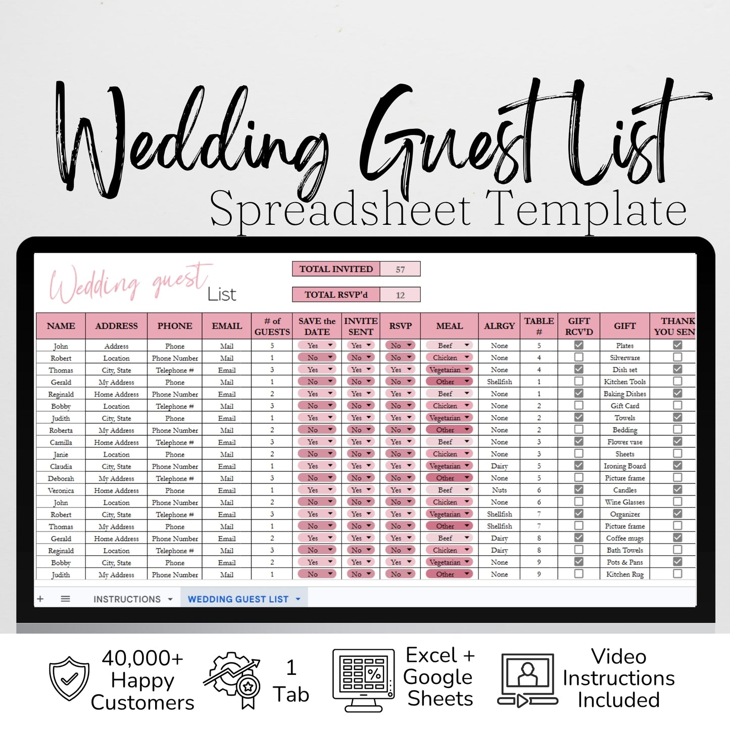 Wedding Guest List Tracker Template | Google Sheets & Excel Spreadsheet - RSVP, Invitations, Save the Date, Thank you Planner