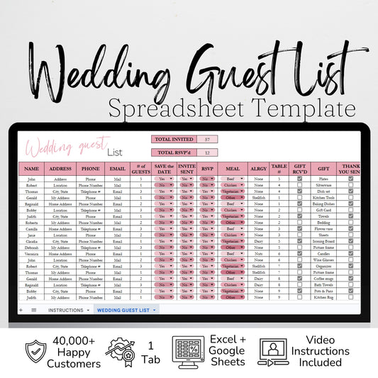 Wedding Guest List Tracker Template | Google Sheets & Excel Spreadsheet - RSVP, Invitations, Save the Date, Thank you Planner