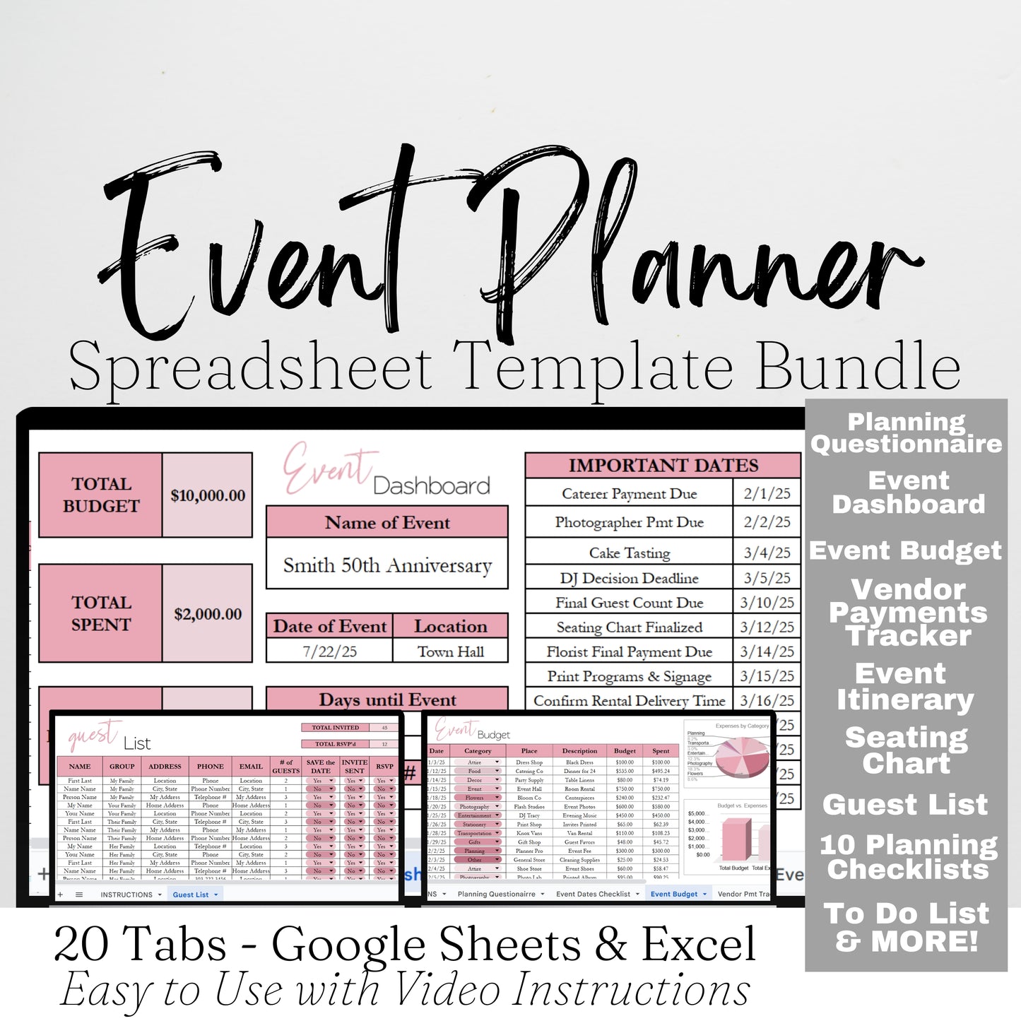 Event Planner Template for Google Sheets and Excel Spreadsheet