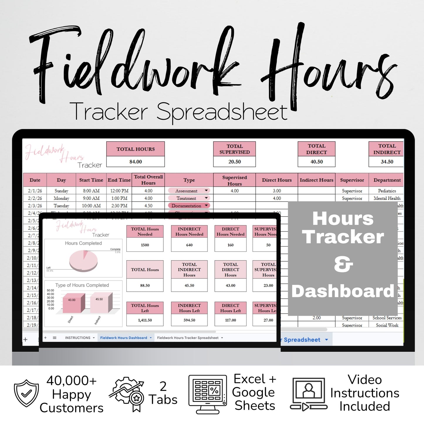 Fieldwork Hours Tracker | Clinical Internship Practicum Externship Log Spreadsheet for SLP, OT, PT, MFT, LPC | Excel & Google Sheets Template