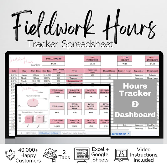 Fieldwork Hours Tracker | Clinical Internship Practicum Externship Log Spreadsheet for SLP, OT, PT, MFT, LPC | Excel & Google Sheets Template