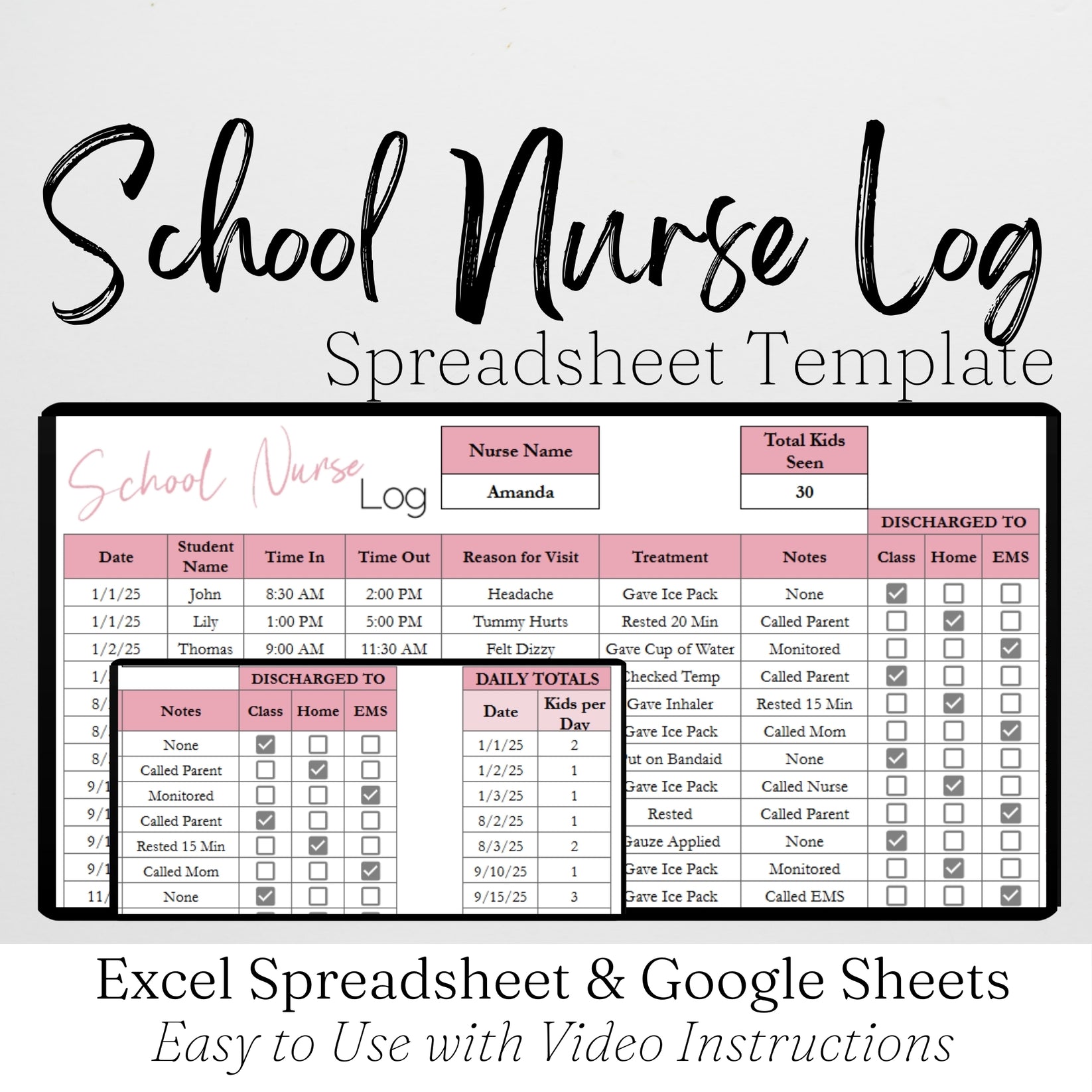 School Nurse Log Template Google Sheets and Excel Spreadsheet – Savvy ...