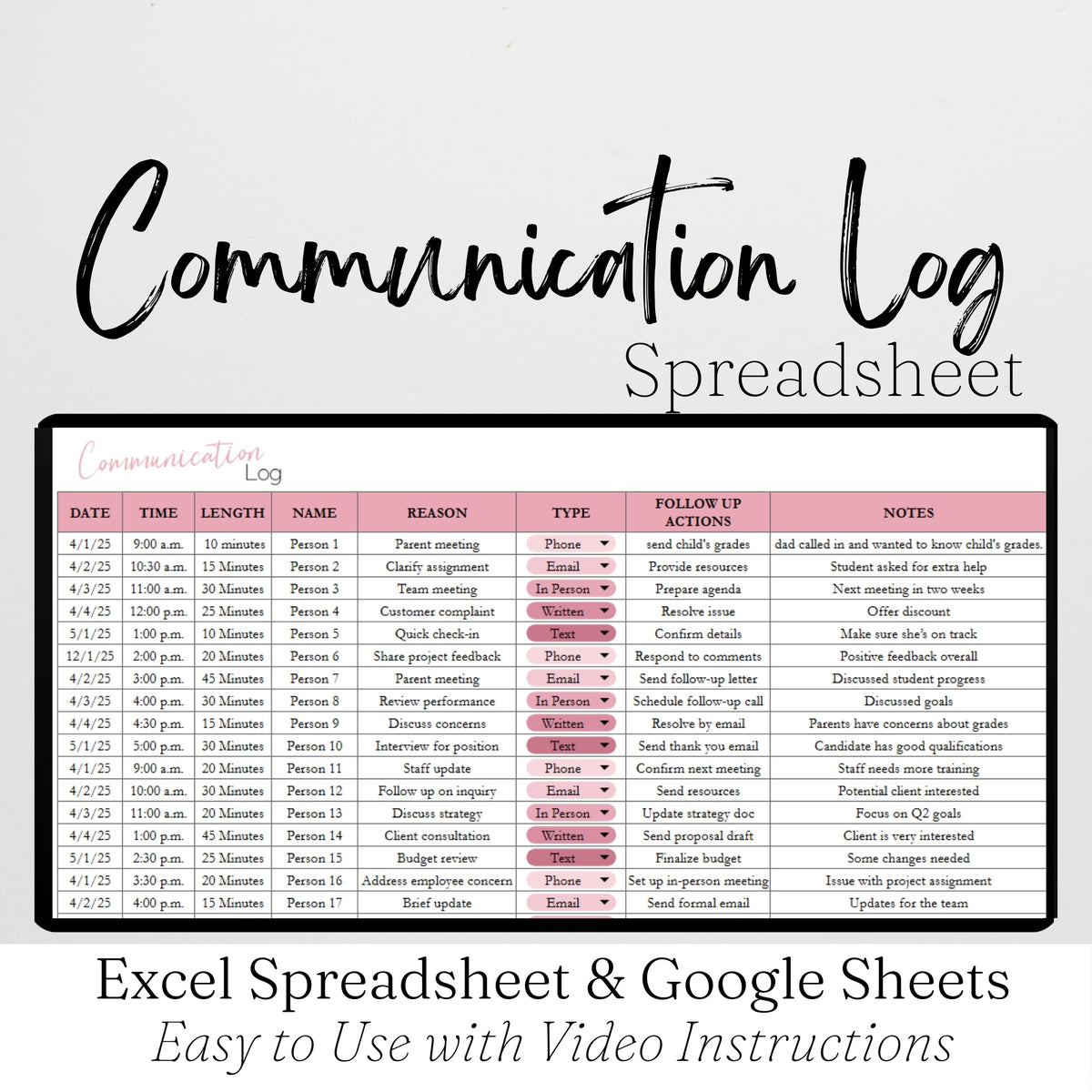 Communication Log Template Google Sheets and Excel Spreadsheet – Savvy ...