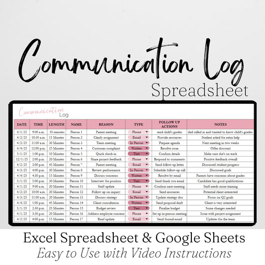 Communication Log Template Google Sheets and Excel Spreadsheet