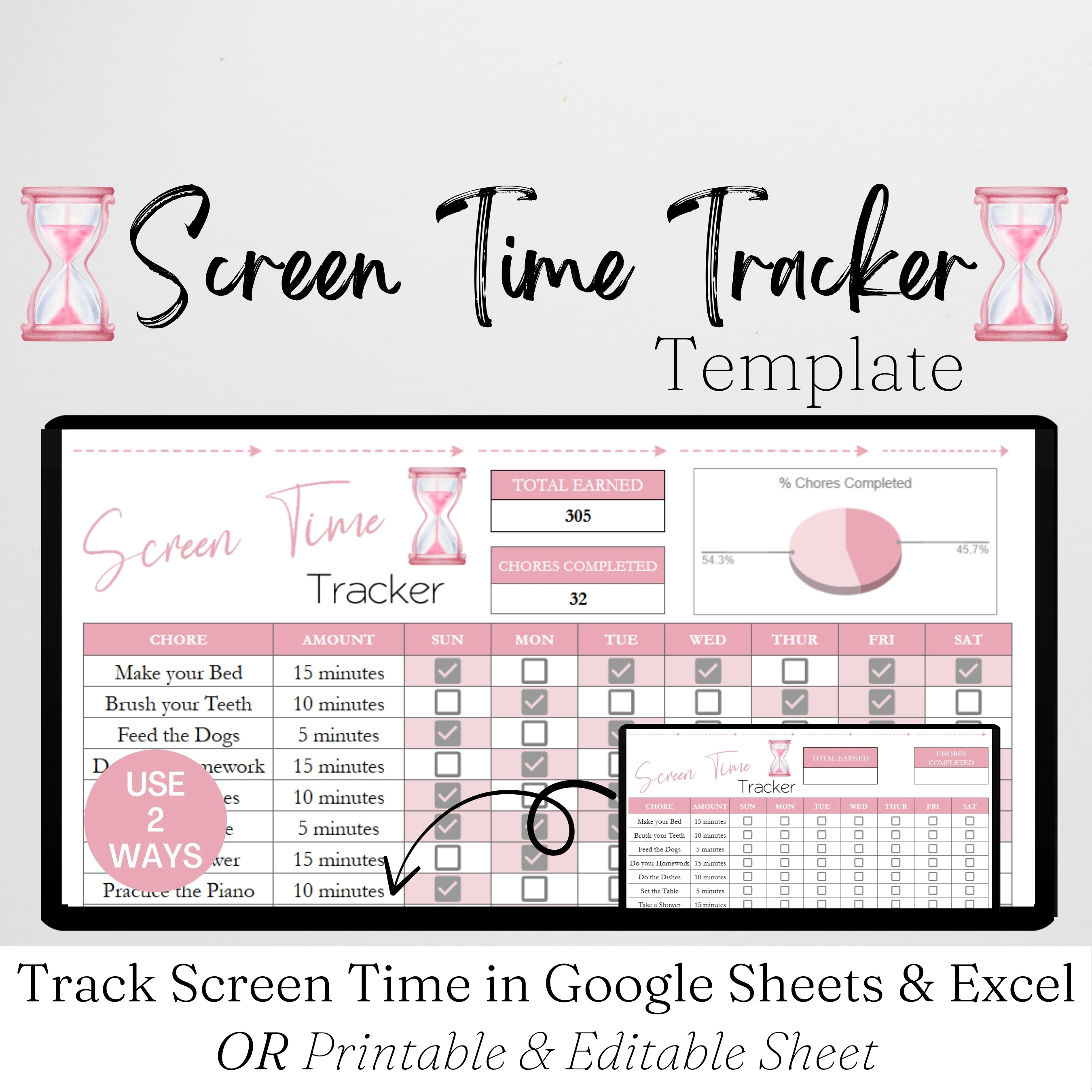 Screen Time Reward Chart Spreadsheet for Kids Template Excel and Googl ...