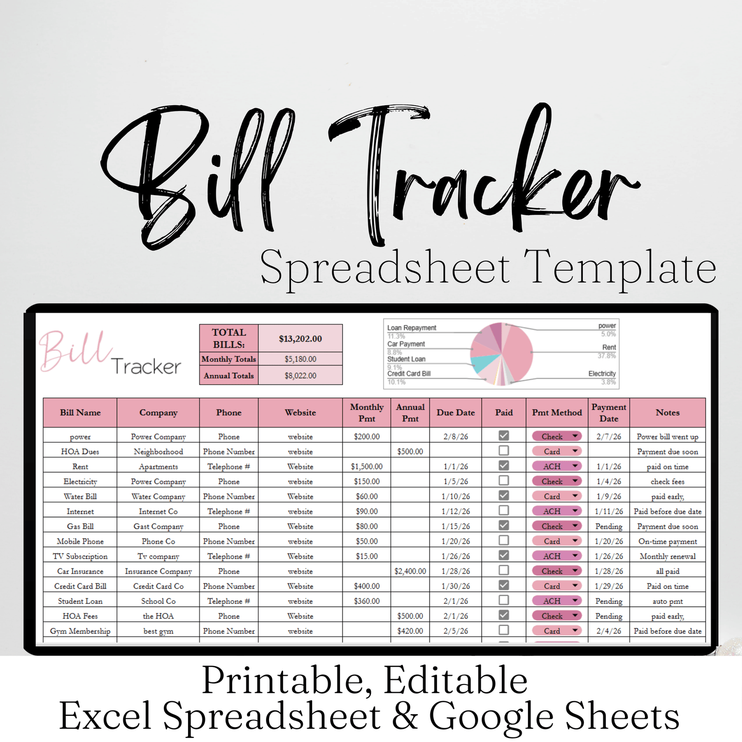 Bill Tracker Template Google Sheets and Excel Spreadsheet