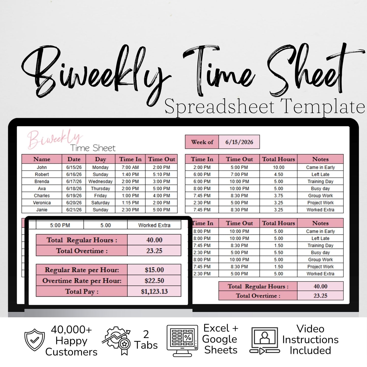 Biweekly Time Sheet Template — Google Sheets & Excel | Editable Time Log, Payroll Tracker & Overtime Calculator