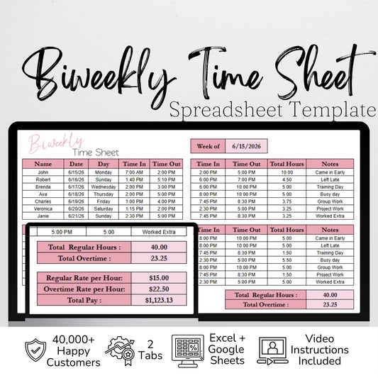 Biweekly Time Sheet Template — Google Sheets & Excel | Editable Time Log, Payroll Tracker & Overtime Calculator
