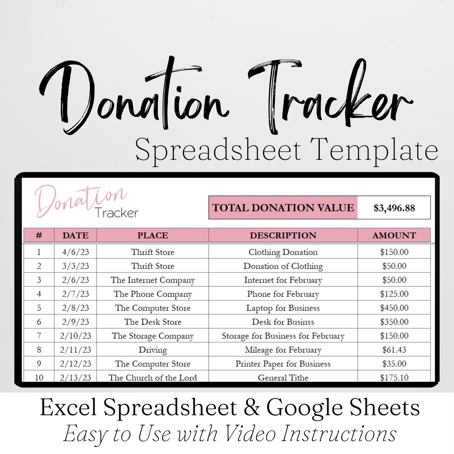 Donation Tracker Google Sheet and Excel Spreadsheet
