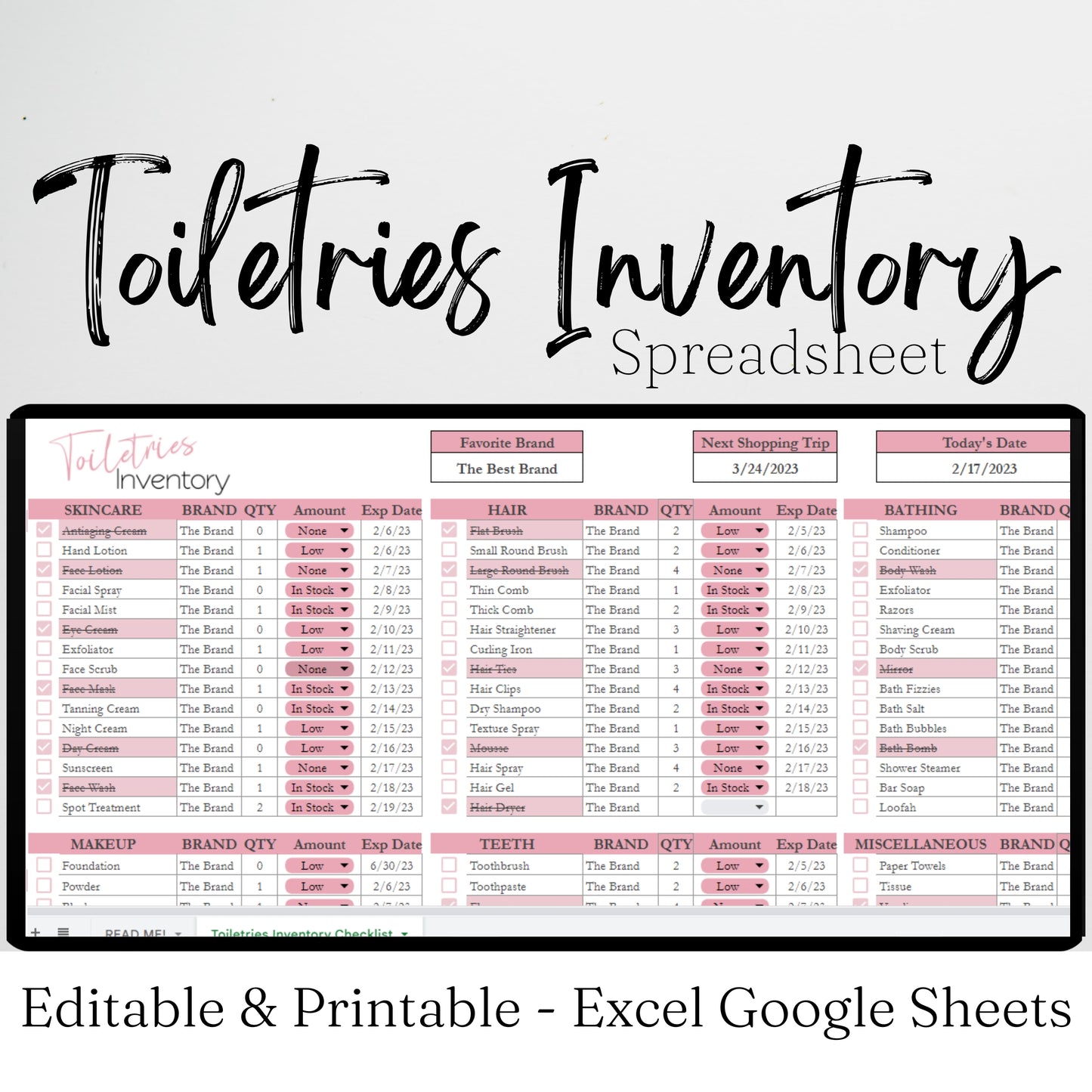 Toiletries Inventory Tracker Template Google Sheets and Excel Spreadsheet