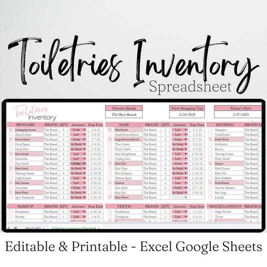 Toiletries Inventory Tracker Template Google Sheets and Excel Spreadsheet