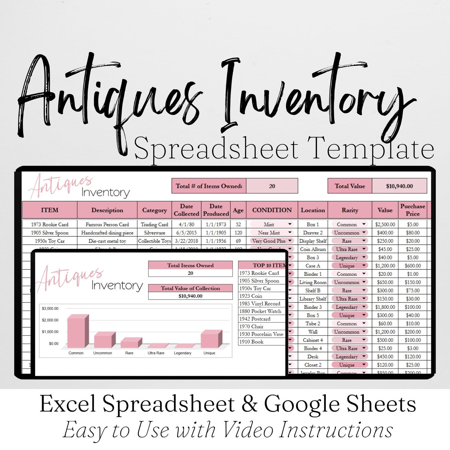 Antiques Inventory Tracker Template Google Sheets and Excel Spreadsheet