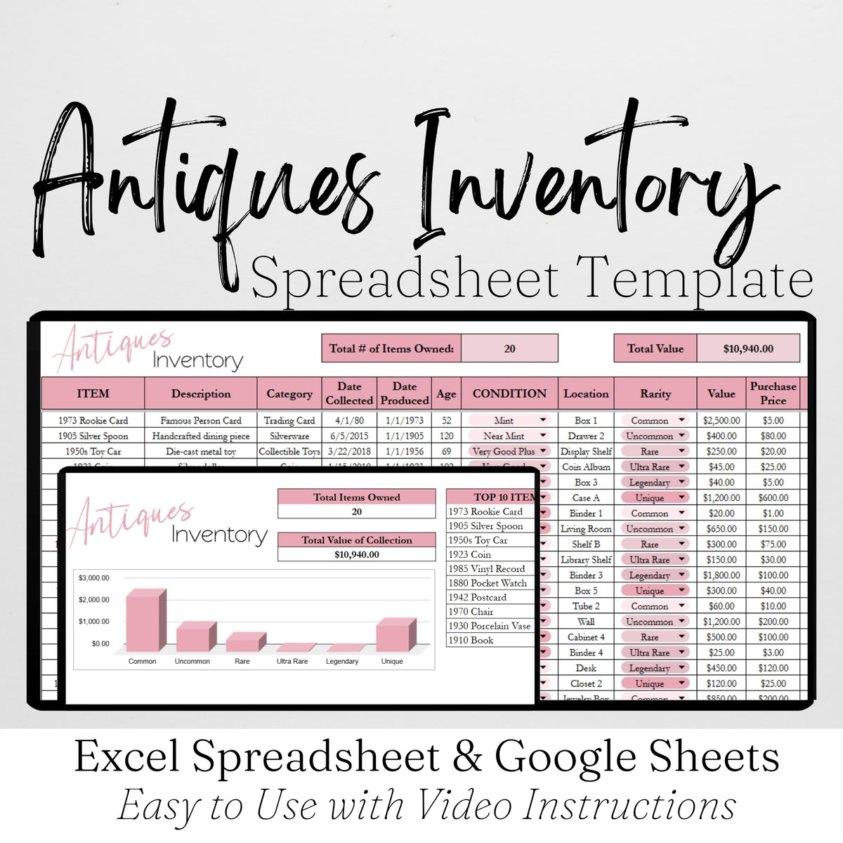 Antiques Inventory Tracker Template Google Sheets and Excel Spreadshee ...