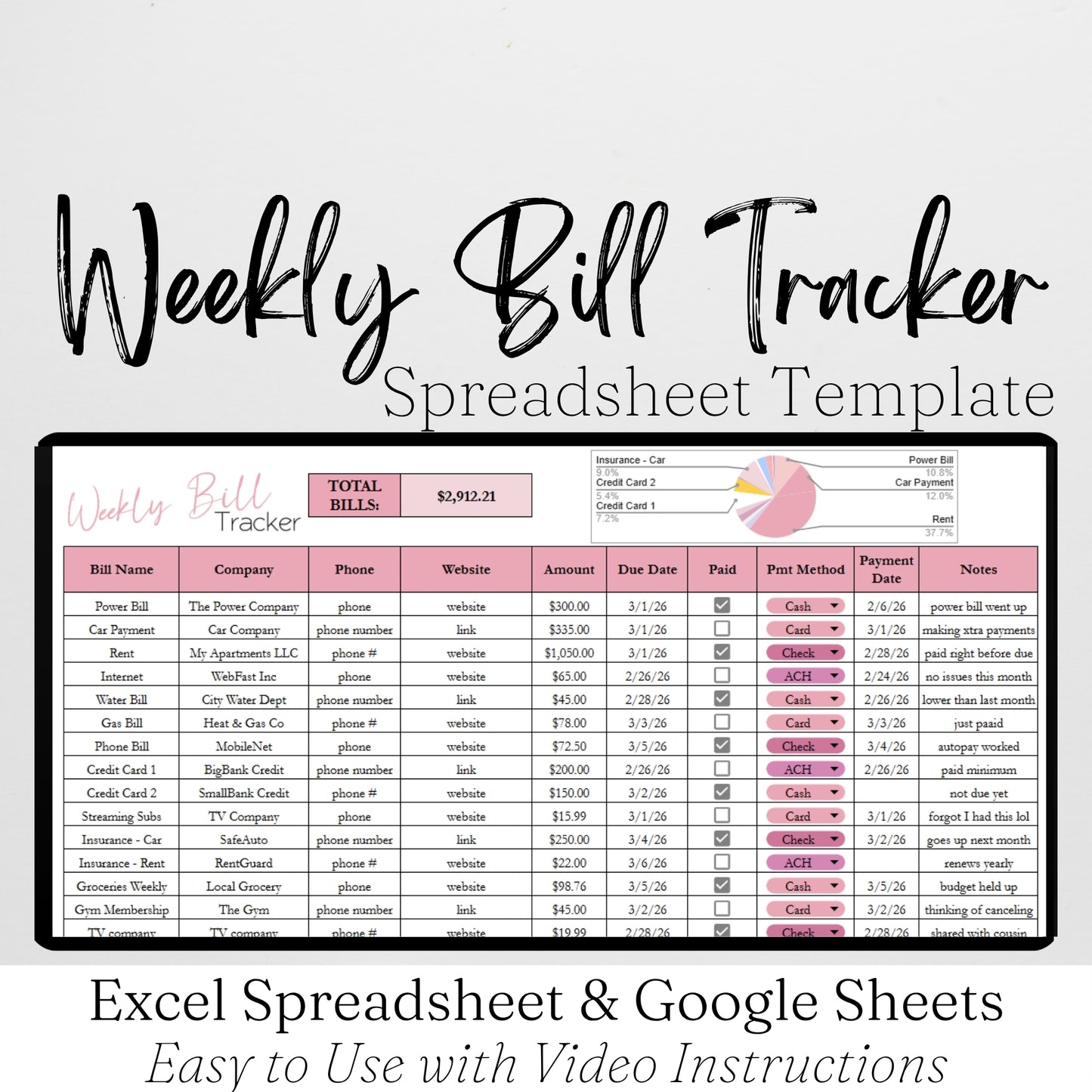 Weekly Bill Tracker Template Google Sheets and Excel Spreadsheet