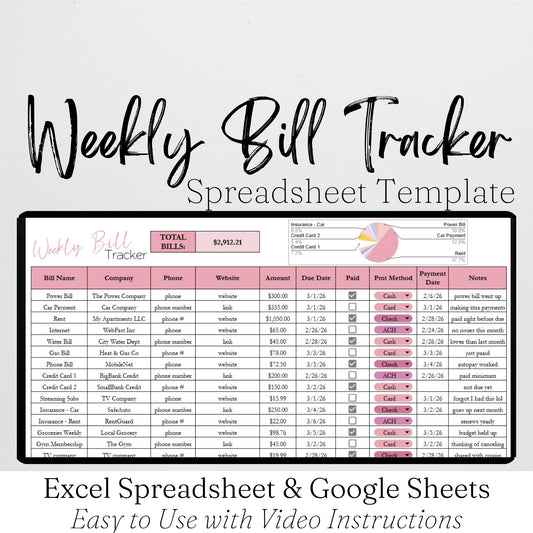 Weekly Bill Tracker Template Google Sheets and Excel Spreadsheet