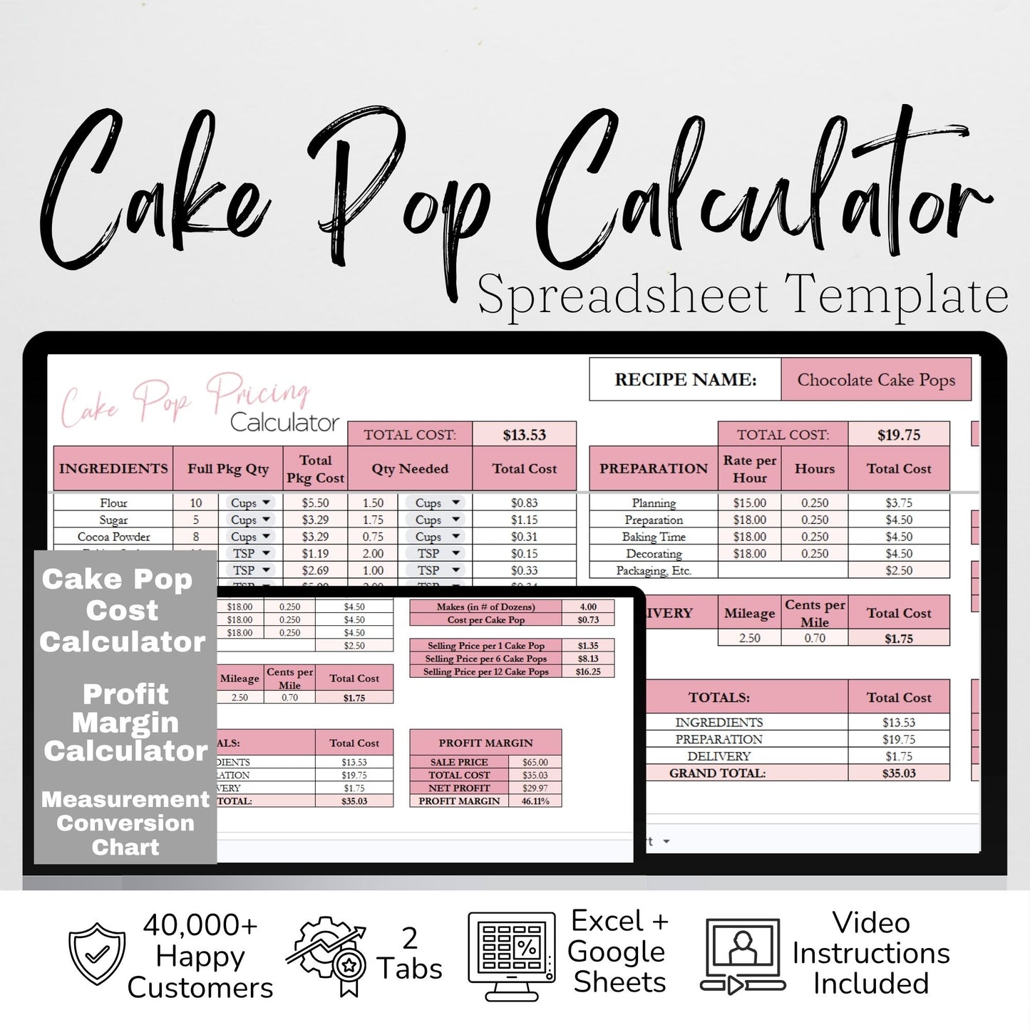 Cake Pop Pricing Calculator Google Sheets and Excel | Bakery Cost Spreadsheet & Profit Margin Template