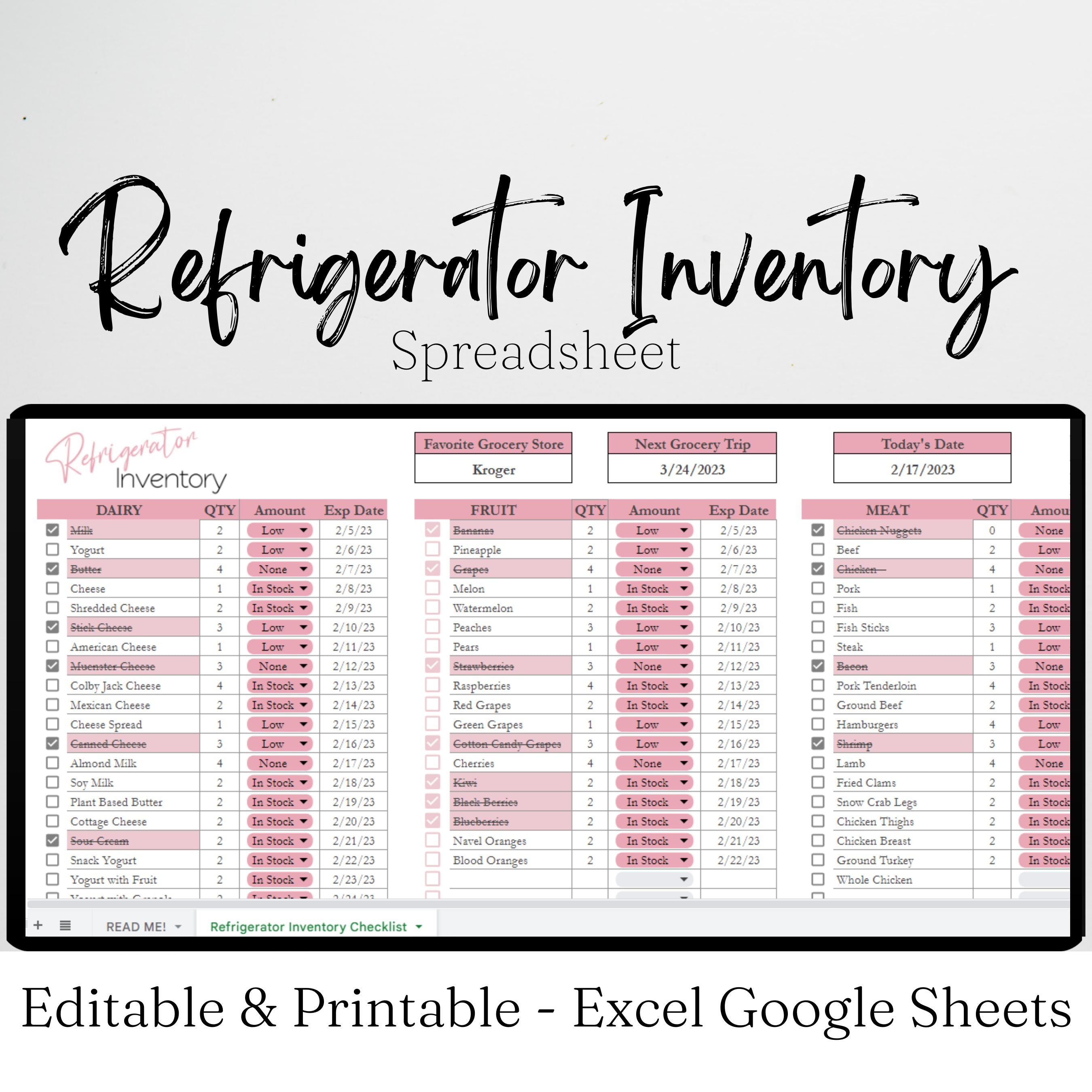 Fridge Stock Matrix Example Refrigerator Inventory Google Sheet and Excel Spreadsheet – Savvy and ...