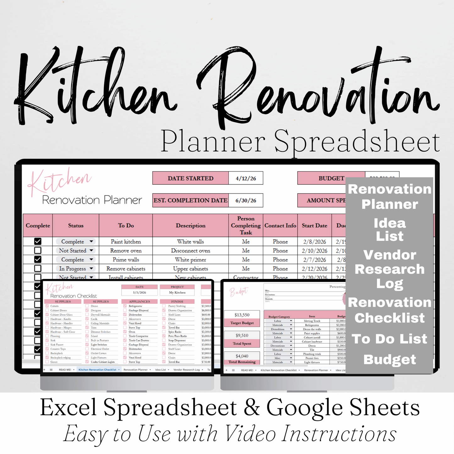 Kitchen Renovation Planner Google Sheets and Excel Spreadsheet