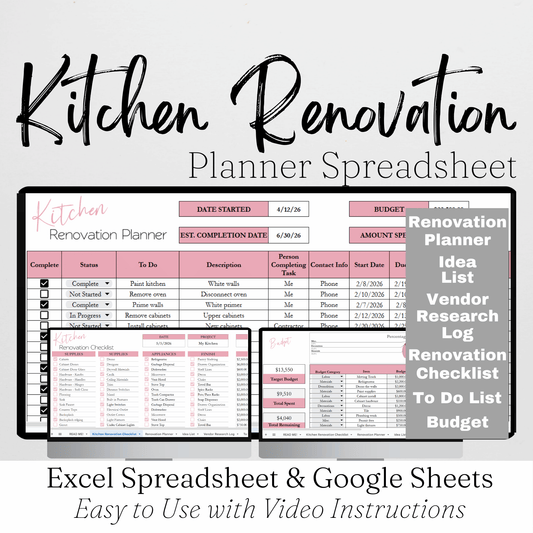 Kitchen Renovation Planner Google Sheets and Excel Spreadsheet