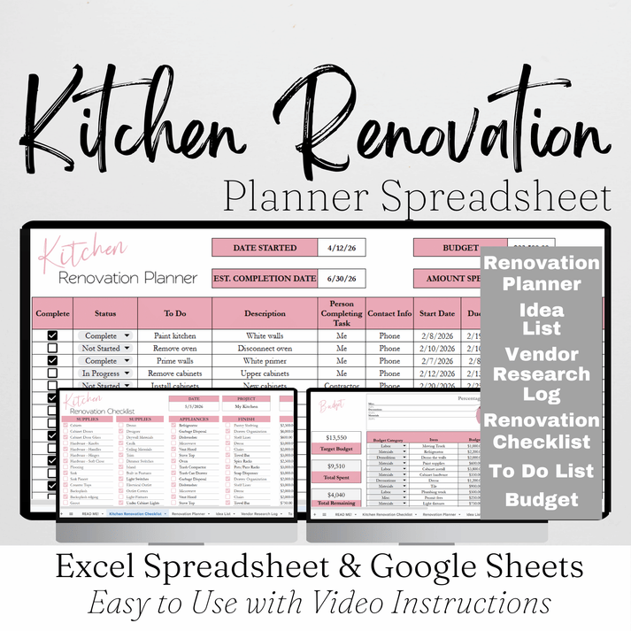 Kitchen Renovation Planner Google Sheets and Excel Spreadsheet – Savvy ...