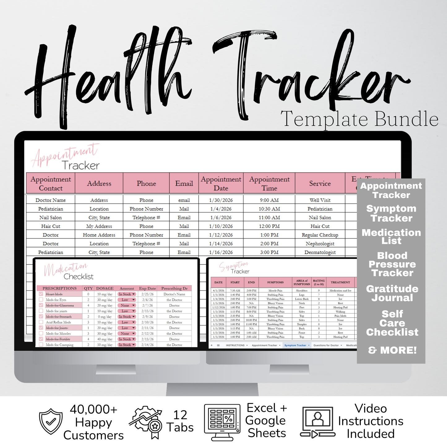 Health Tracker Bundle Google Sheet and Excel Spreadsheet Template