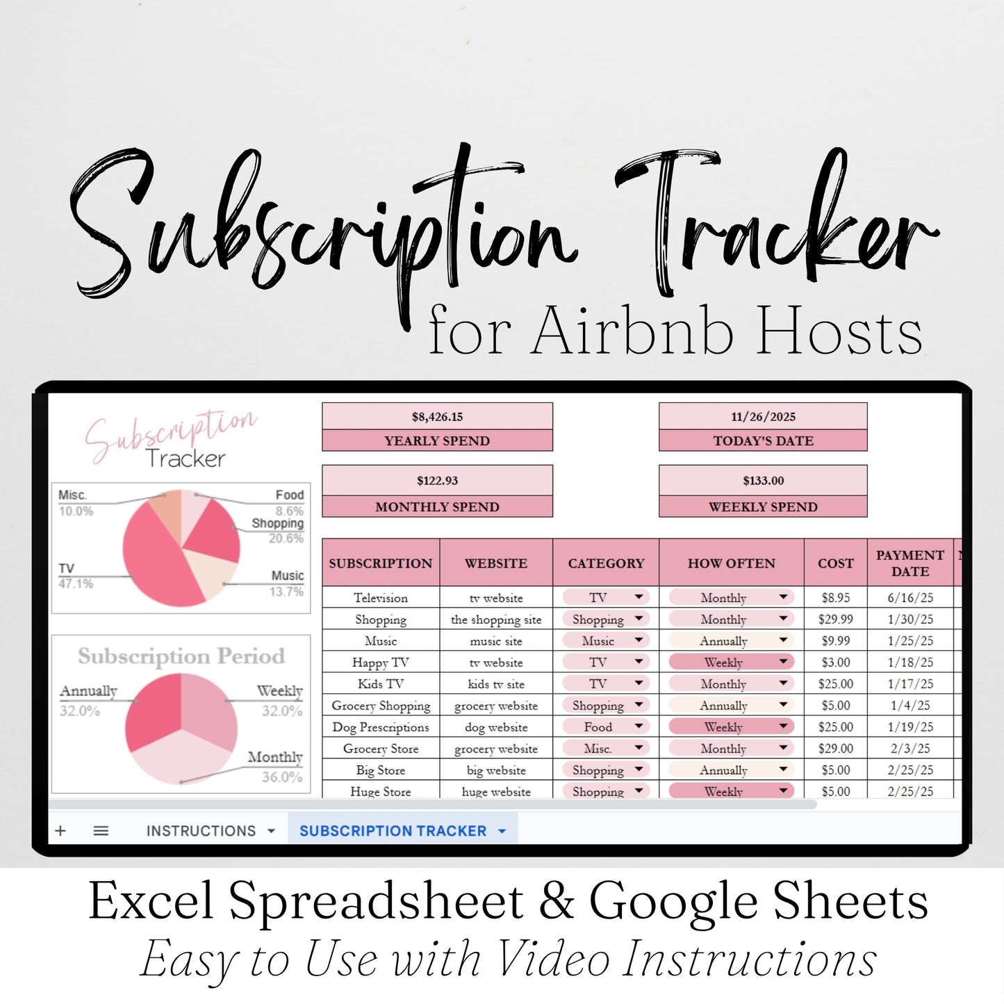 Airbnb Subscription Tracker Template Google Sheets and Excel Spreadsheet