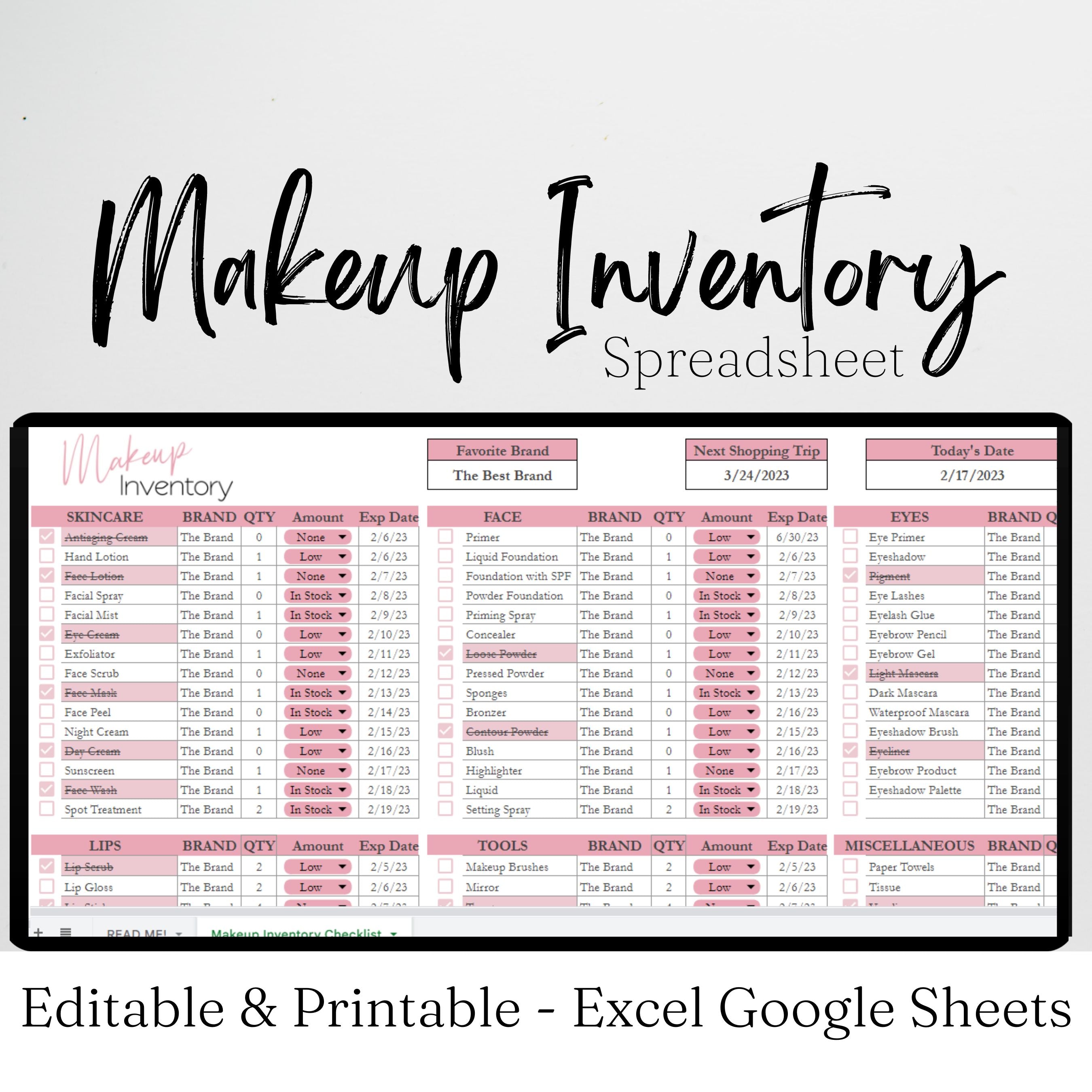 Cosmetics Checklist Makeup Inventory Google Sheet and Excel Spreadsheet – Savvy and Thriving