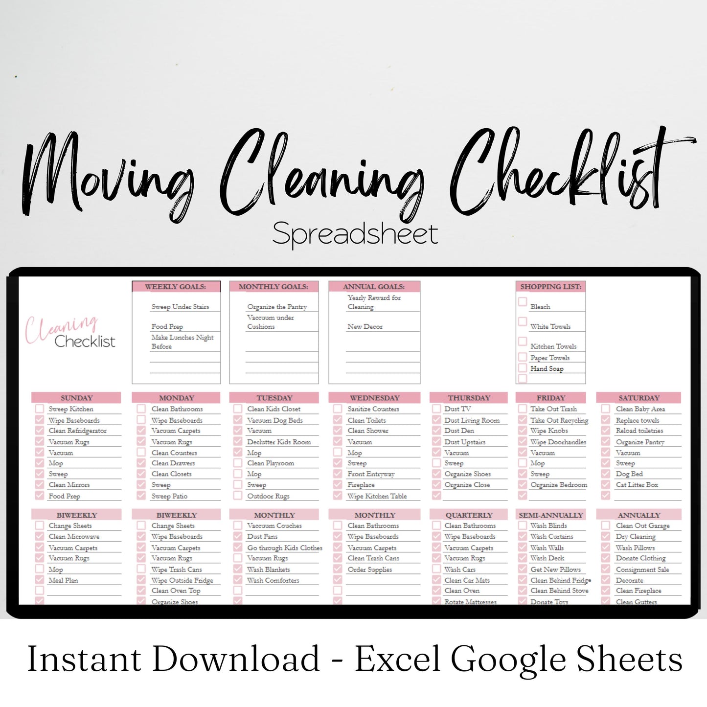 Moving Cleaning Checklist Google Sheet and Excel Spreadsheet