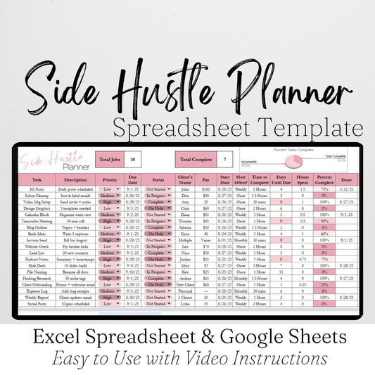 Side Hustle Planner Template for Google Sheets and Excel Spreadsheet