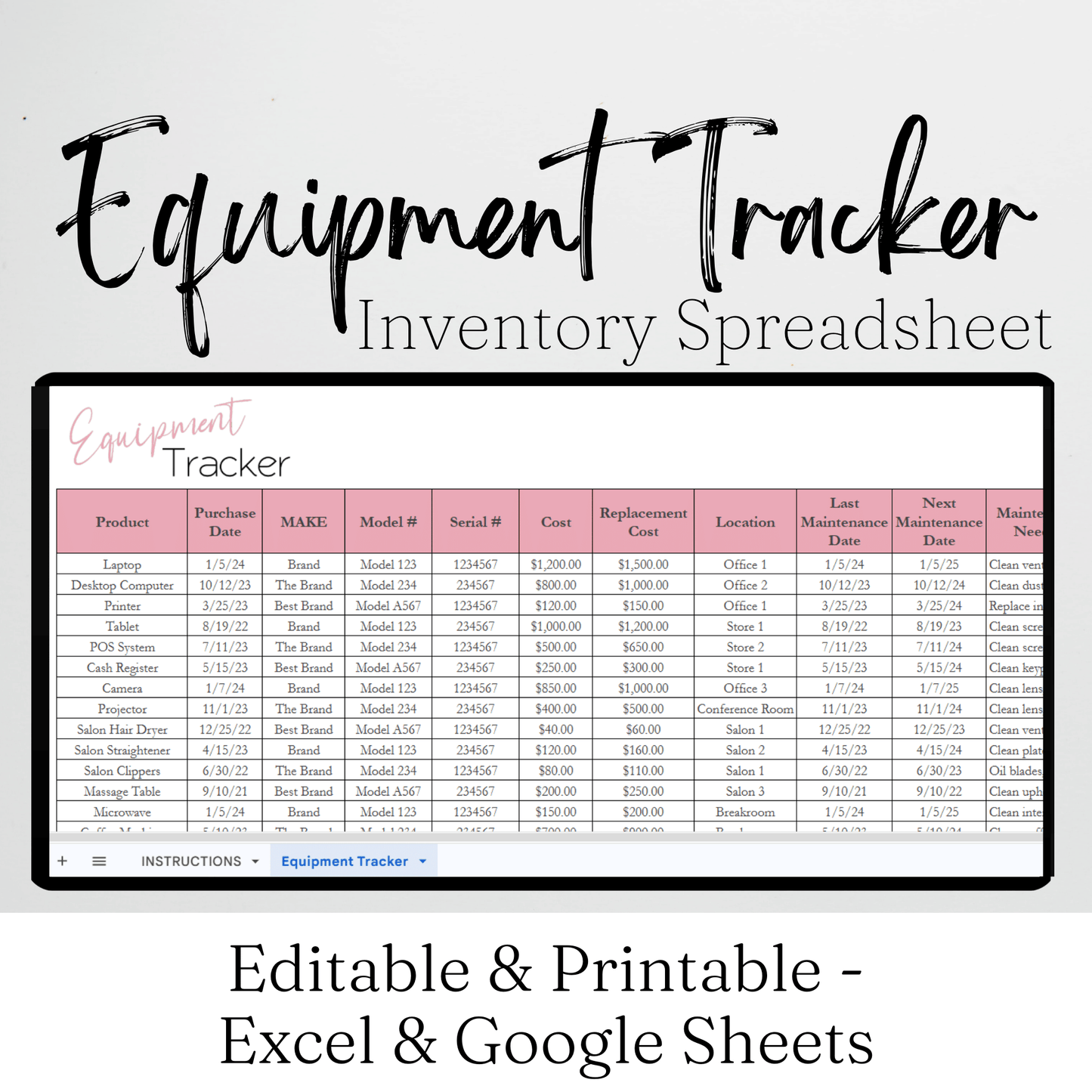 Equipment Tracker Google Sheet, Business or Rental Equipment Inventory Tracker Excel Spreadsheet