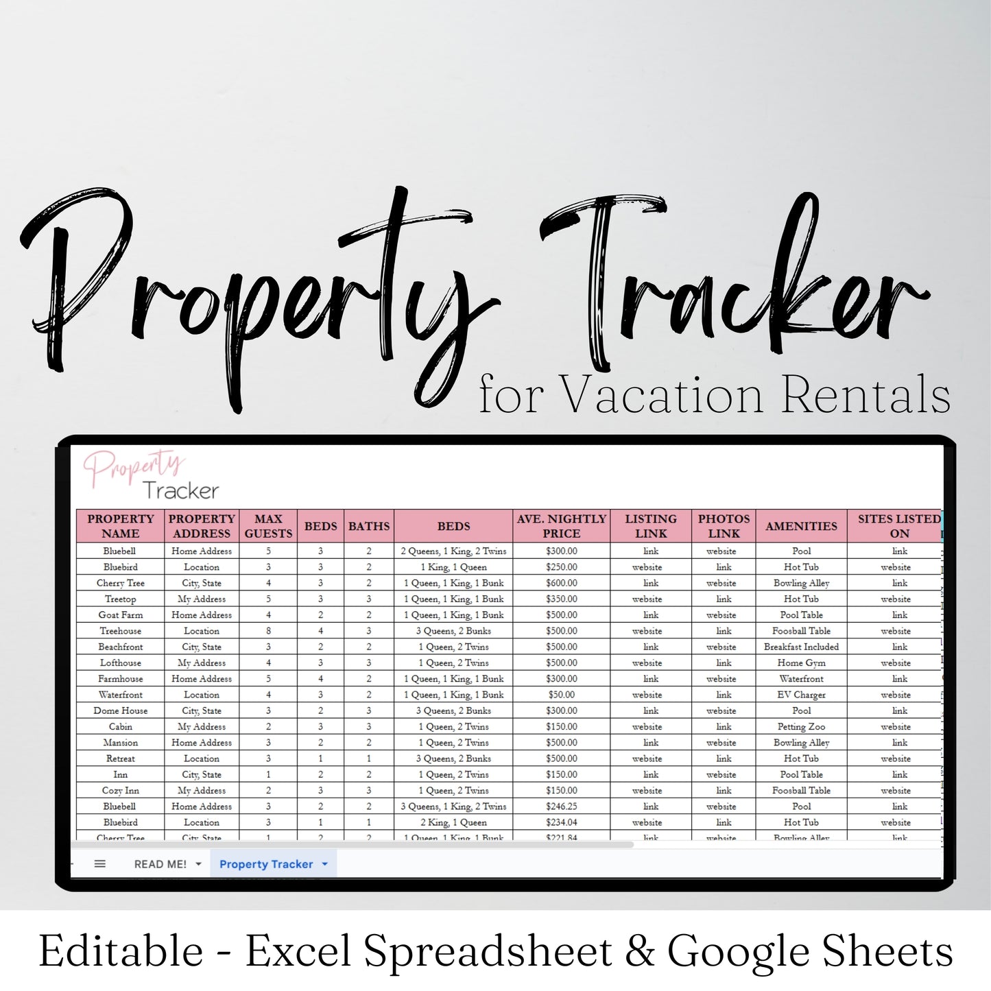 Airbnb Property Tracker Template Google Sheets Excel Spreadsheet