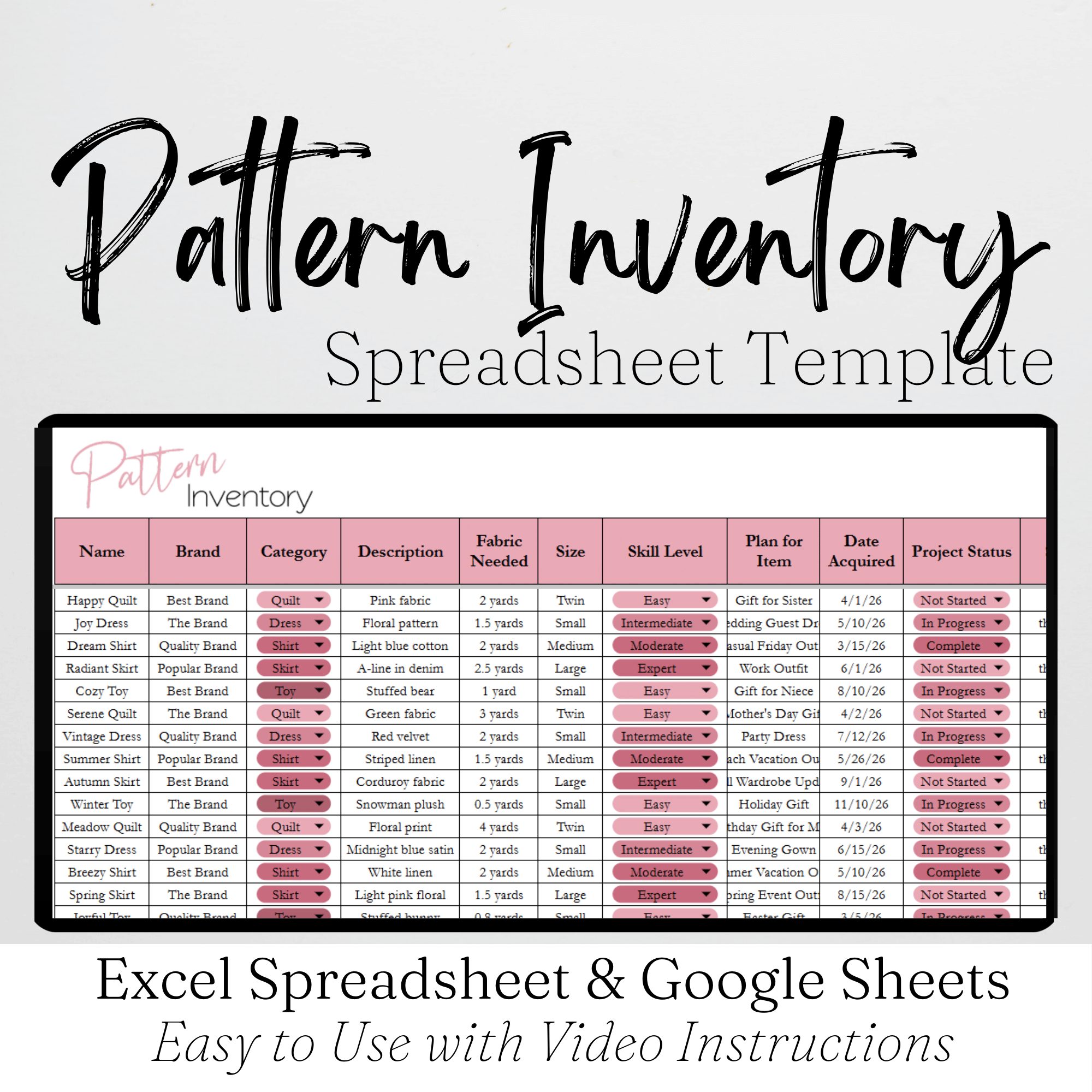Spreadsheet Patterns Pattern Inventory Tracker Excel Spreadsheet and Google Sheets to Organ ...