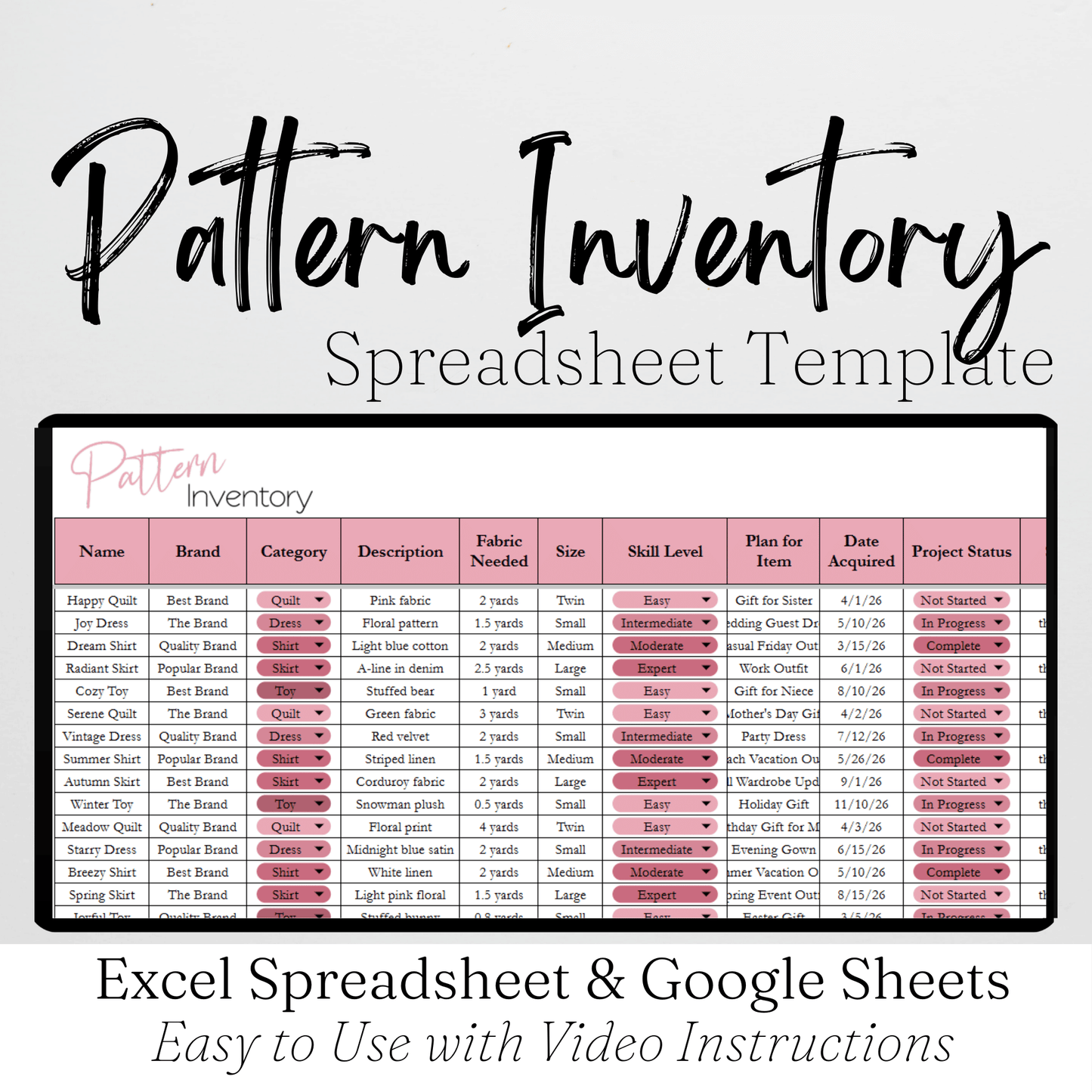 Pattern Inventory Tracker Excel Spreadsheet and Google Sheets to Organize your Patterns