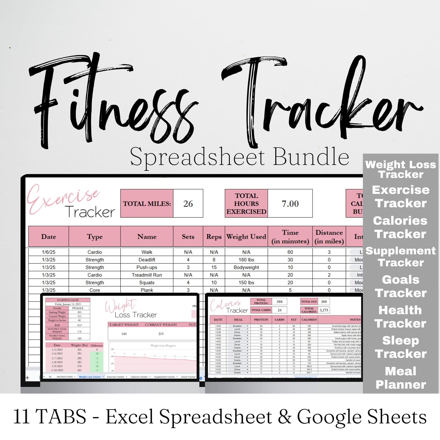 Fitness Tracker Template Google Sheets Bundle with Weight Loss Tracker and Exercise Tracker