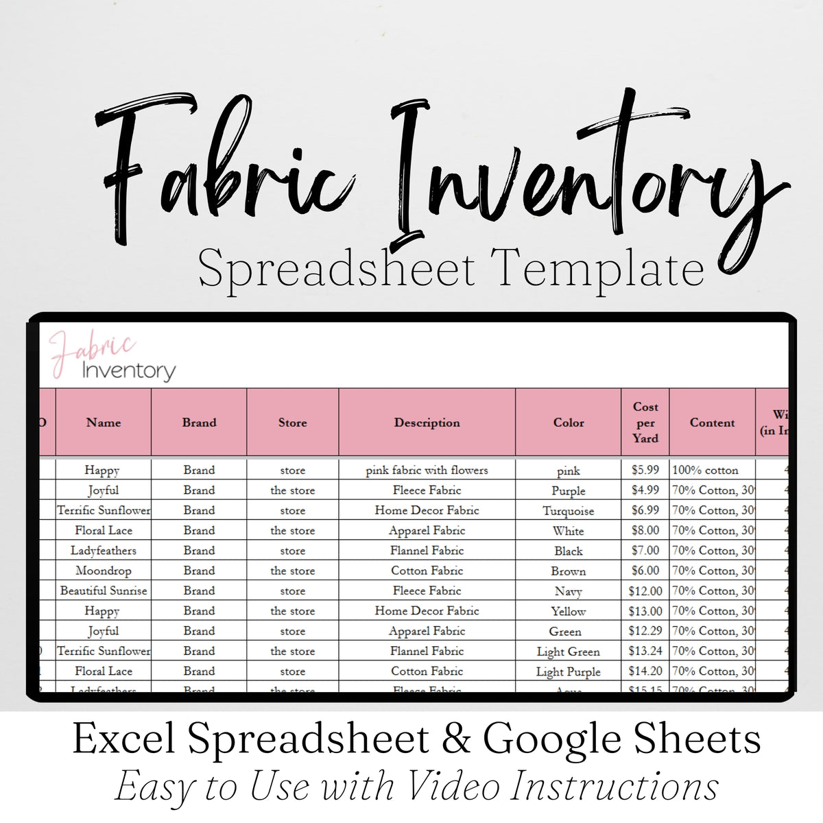 Fabric Inventory Tracker Google Sheet and Excel Spreadsheet – Savvy and ...