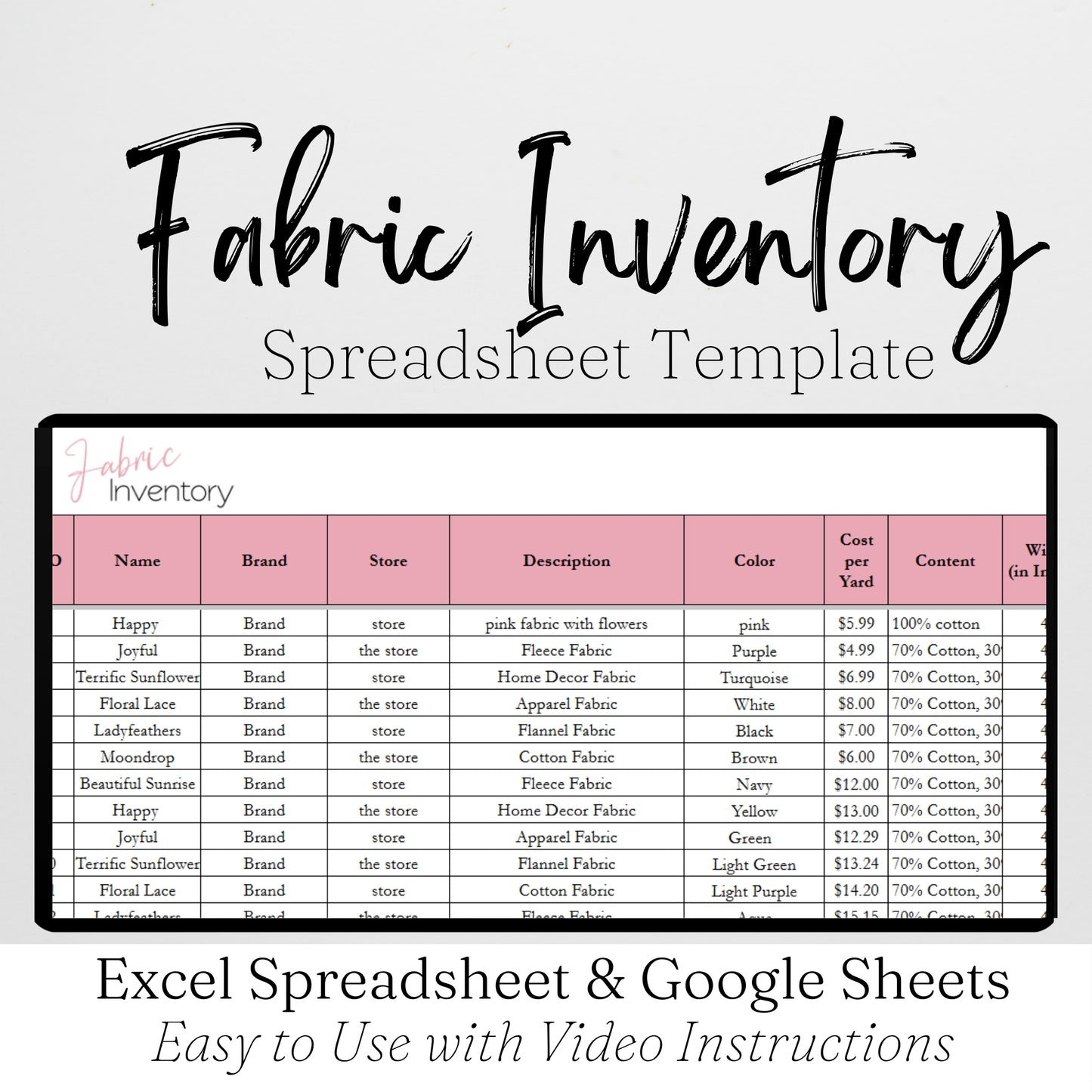 Fabric Inventory Tracker Google Sheet and Excel Spreadsheet