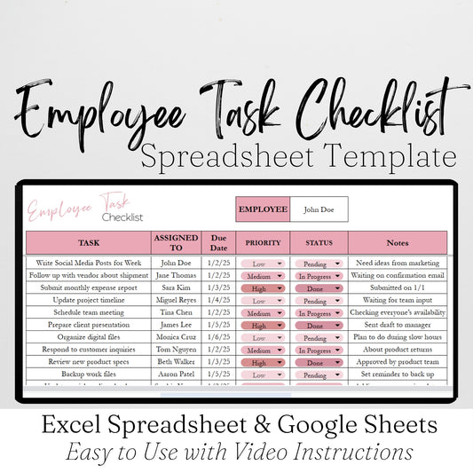 Employee Task Checklist Template for Google Sheets and Excel Spreadsheet: Task Tracker
