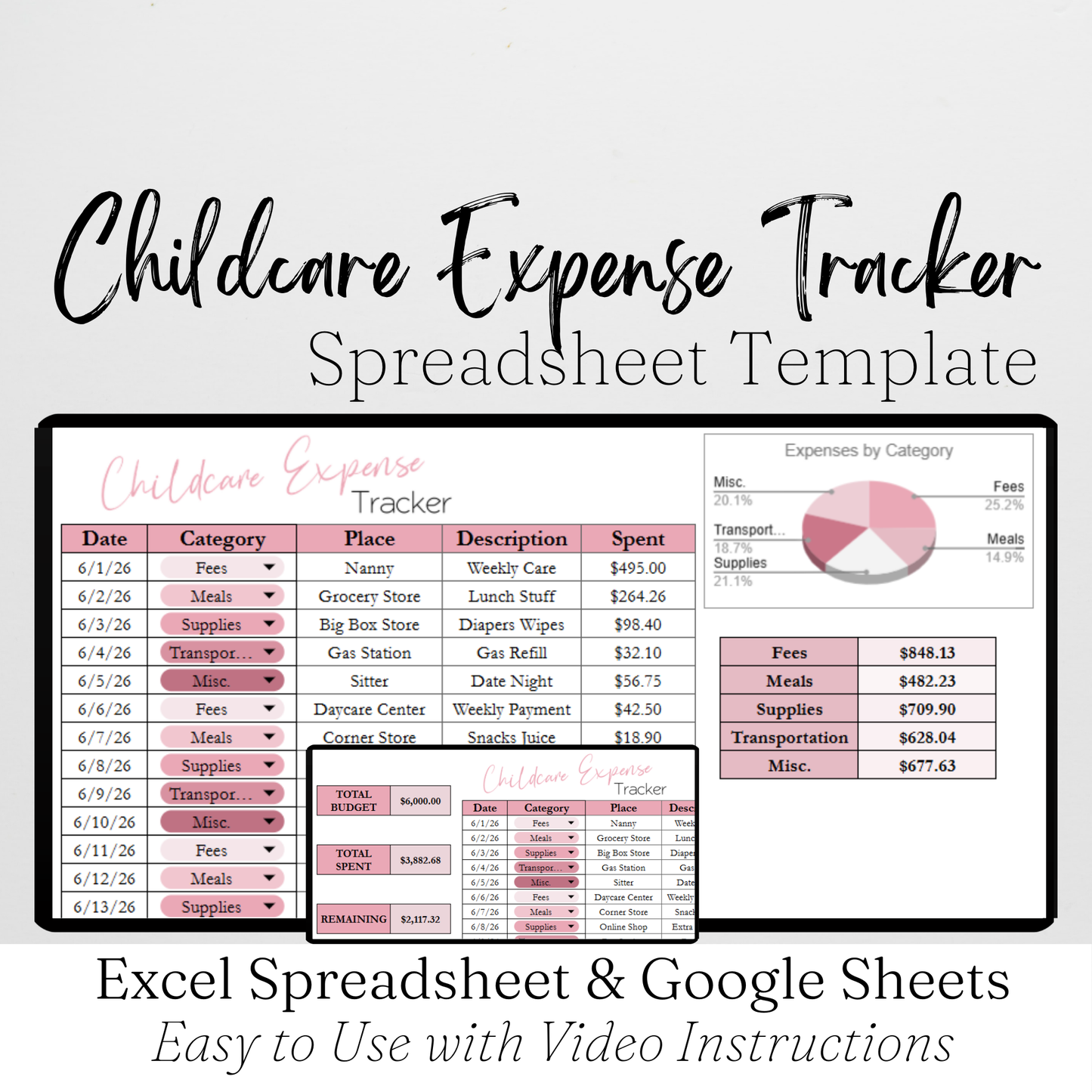 Childcare Expense Tracker Google Sheets and Excel Spreadsheet Template