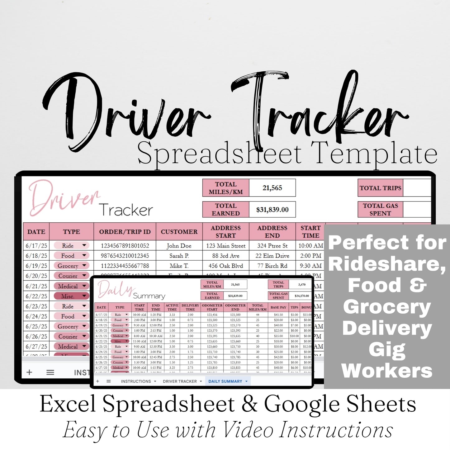Gig Driver Log Template for Google Sheets and Excel Spreadsheet - Side Hustle Mileage Tracker, Income and Expense Tracker
