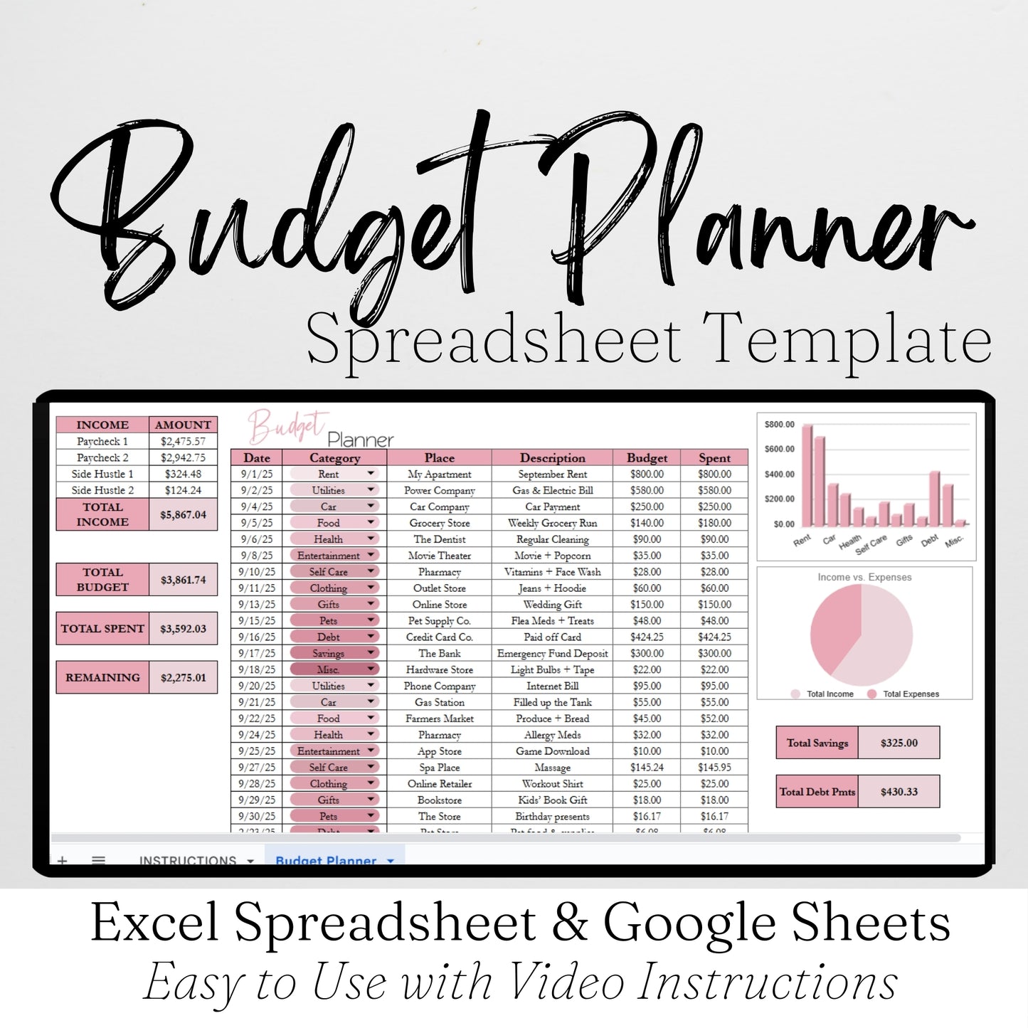 Budget Planner Template Google Sheets and Excel Spreadsheet