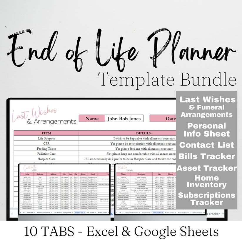 Spreadsheet Death End of Life Planner Google Sheet Template, Death Planner – Savvy and ...